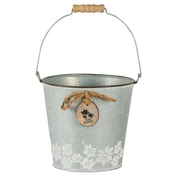 Seau en métal gris décor floral blanc